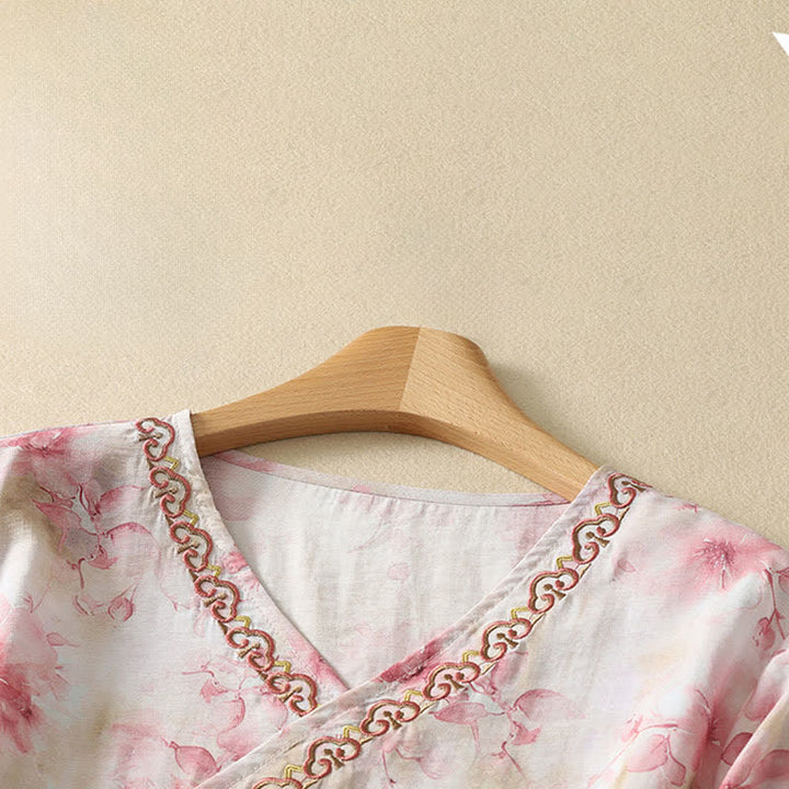 Buddha Stones Camiseta de manga tres cuartos para mujer con cuello en V y bordado floral estilo Tang vintage de verano - image 19