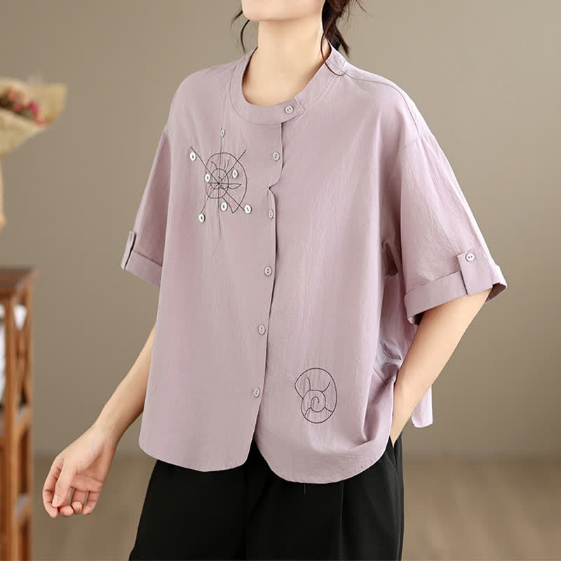 Buddha Stones Camisa de manga corta para mujer, estilo casual veraniego, minimalista, con bordado de caracoles y botones geométricos. - Cardo - US8-10, UK/AU12-14, EU40-42 (2XL) - image 0