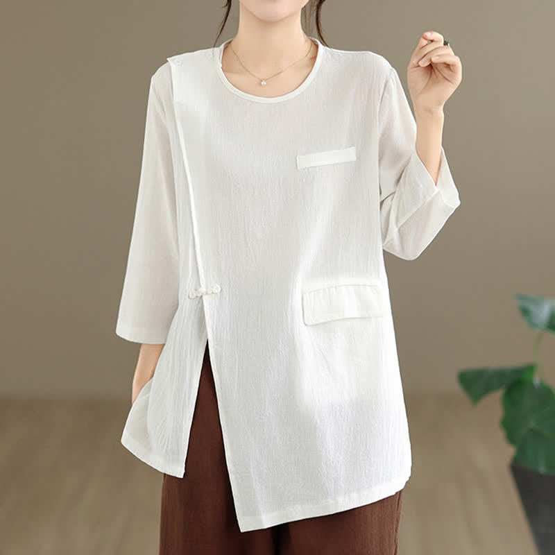 Buddha Stones Camiseta de manga larga para mujer con cuello redondo y abertura lateral, estilo Summer Tang, de Pankou, color liso, con bolsillo. - Blanco - US12, UK/AU16, EU44 (3XL) - image 0