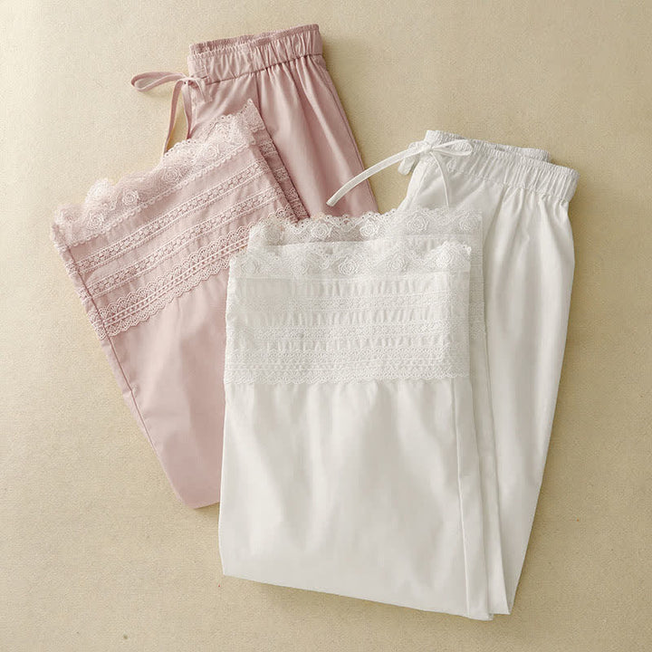 Buddha Stones Pantalones tobilleros elegantes e informales de verano con cordón ajustable y dobladillo ribeteado de encaje para mujer. - image 16