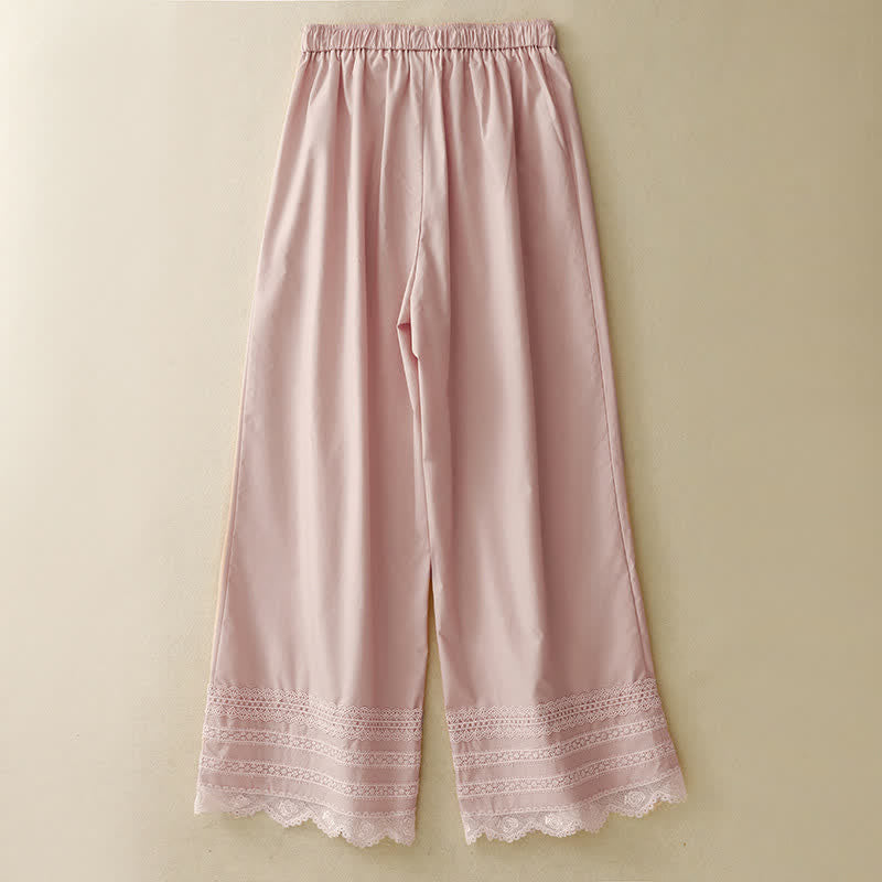 Buddha Stones Pantalones tobilleros elegantes e informales de verano con cordón ajustable y dobladillo ribeteado de encaje para mujer. - image 1
