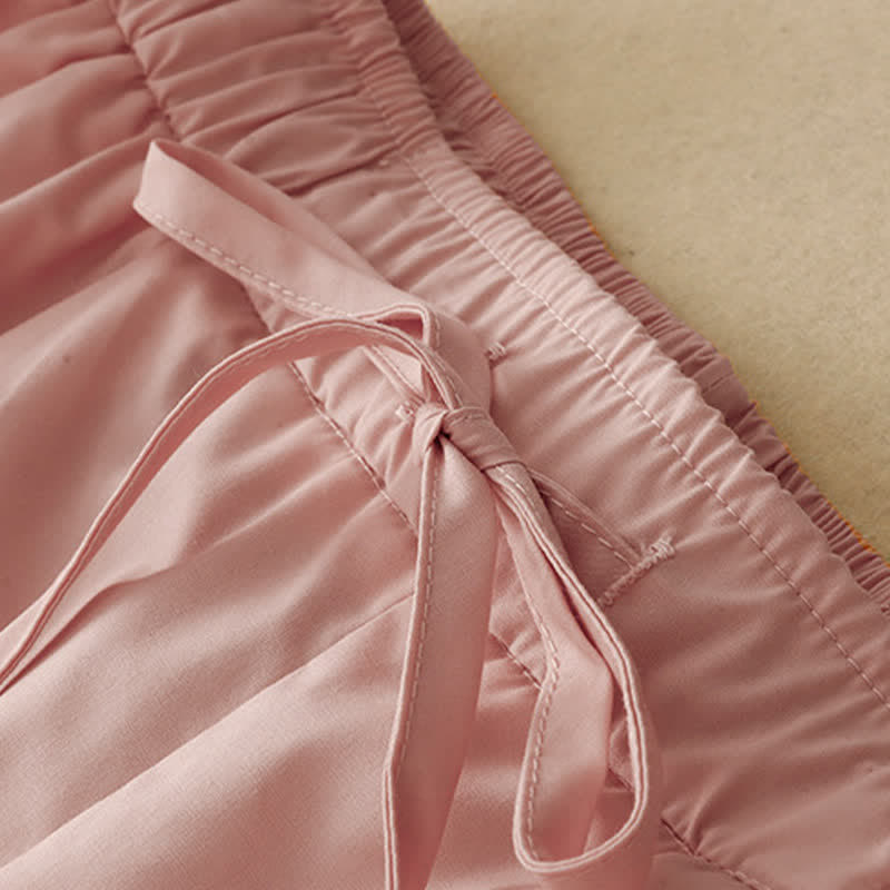 Buddha Stones Pantalones tobilleros elegantes e informales de verano con cordón ajustable y dobladillo ribeteado de encaje para mujer. - image 3
