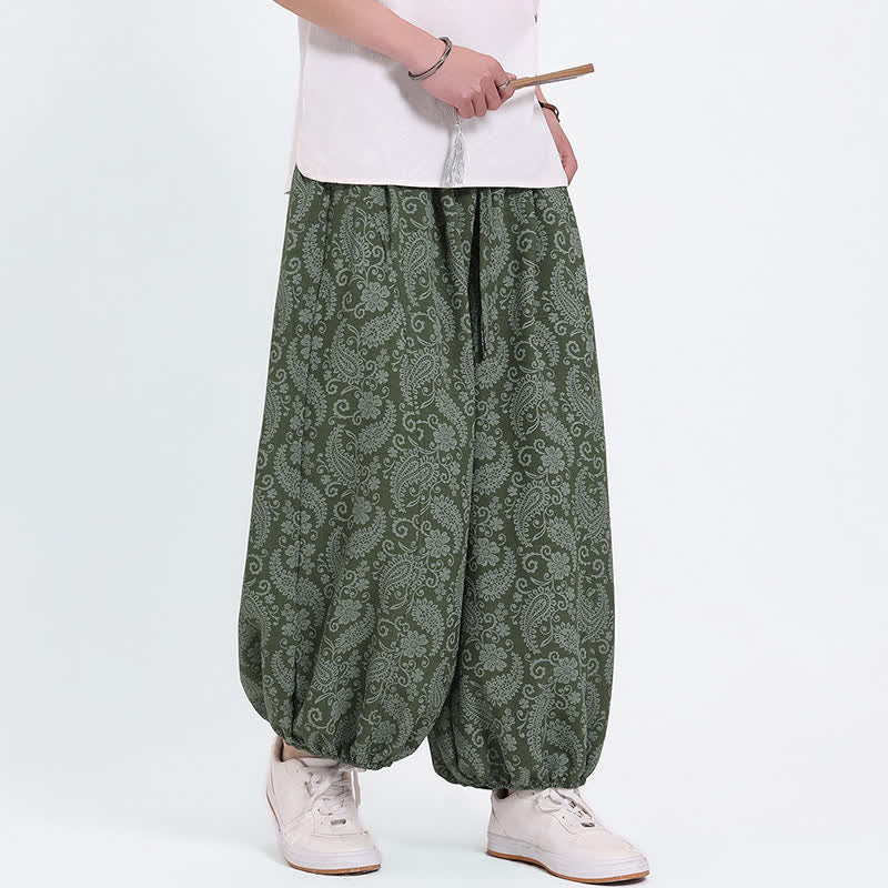 Buddha Stones Pantalones capri de verano estilo boho casual con cordón y estampado paisley para hombre, estilo harem con bolsillo. - image 3