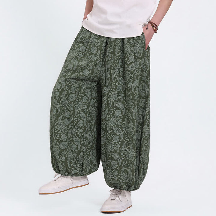 Buddha Stones Pantalones capri de verano estilo boho casual con cordón y estampado paisley para hombre, estilo harem con bolsillo. - image 2