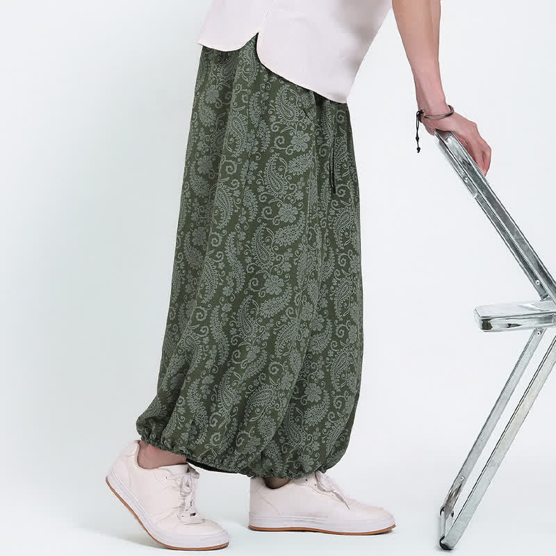 Buddha Stones Pantalones capri de verano estilo boho casual con cordón y estampado paisley para hombre, estilo harem con bolsillo. - image 4