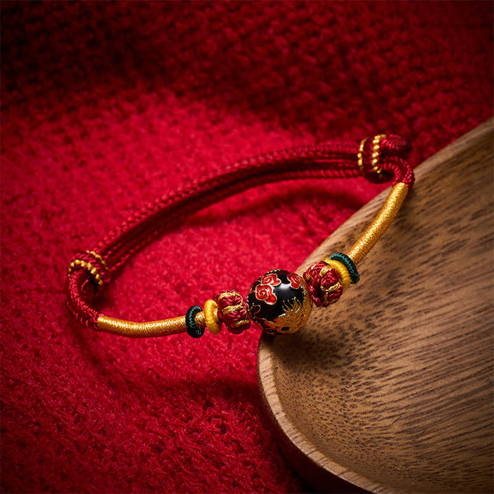Buddha Stones Pulsera trenzada de hilo rojo con cuentas de dragón de cobre - Cordón rojo oscuro (circunferencia de la muñeca: 15–20 cm) - Cuenta de dragón - image 0