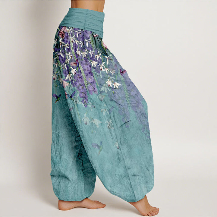 Buddha Stones Pantalones harén de algodón puro con estampado de orquídeas y cintura elástica para mujer - image 2