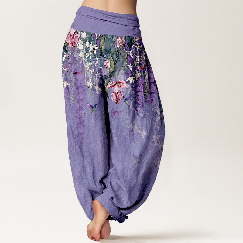 Buddha Stones Pantalones harén de algodón puro con estampado de orquídeas y cintura elástica para mujer - image 6