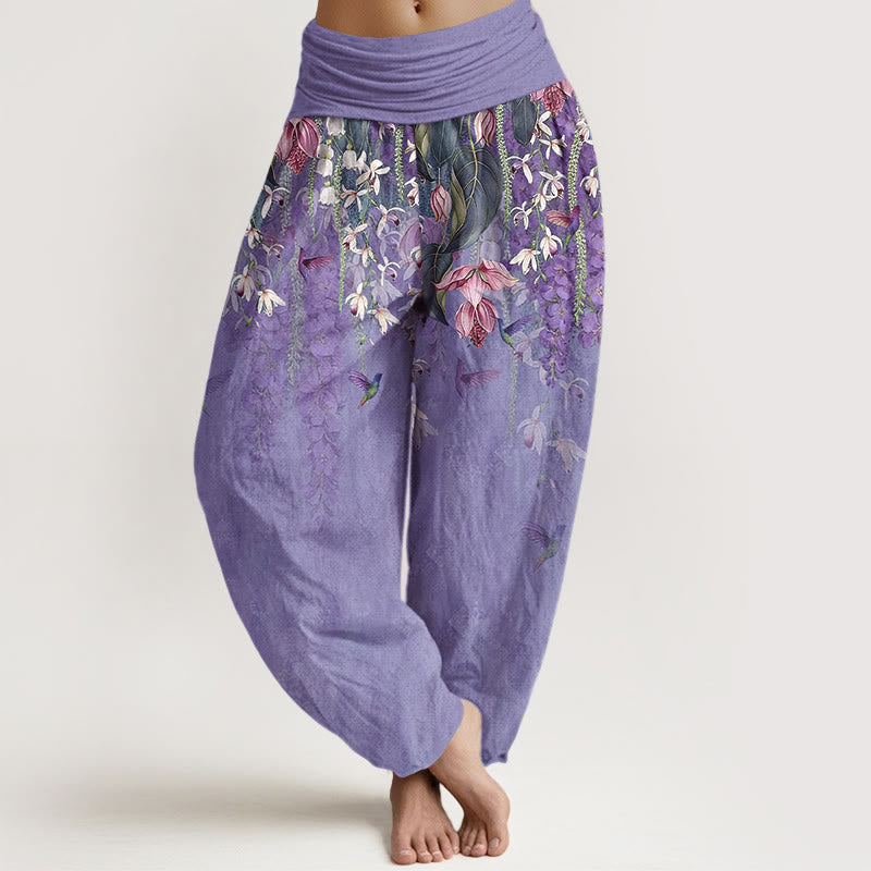 Buddha Stones Pantalones harén de algodón puro con estampado de orquídeas y cintura elástica para mujer - Morado medio - US16，UK/AU20，EU48 (3XL) - image 5