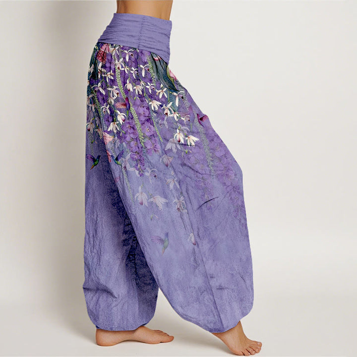 Buddha Stones Pantalones harén de algodón puro con estampado de orquídeas y cintura elástica para mujer - image 7