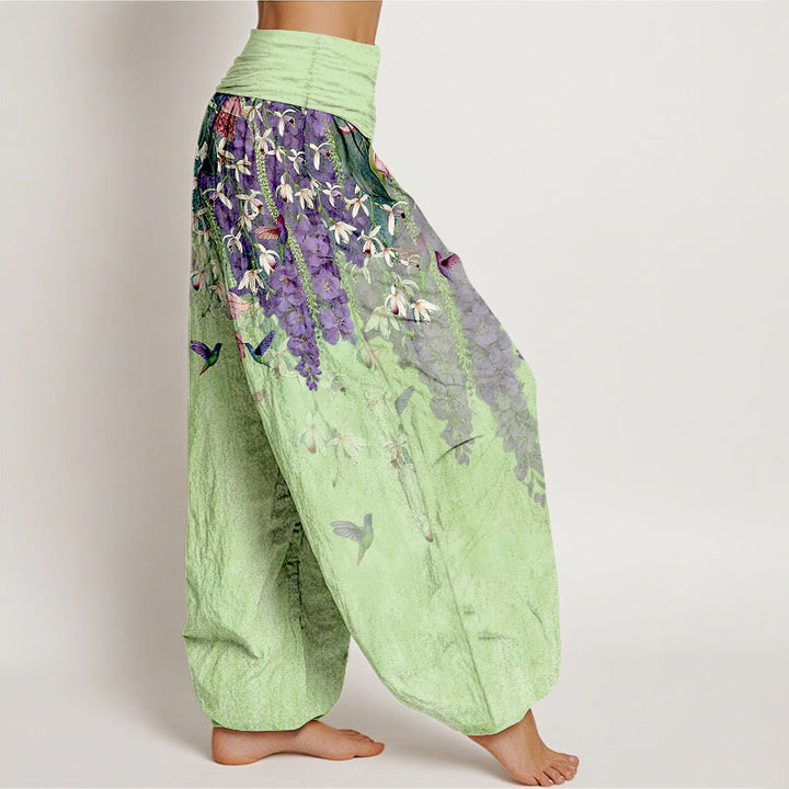 Buddha Stones Pantalones harén de algodón puro con estampado de orquídeas y cintura elástica para mujer - image 10