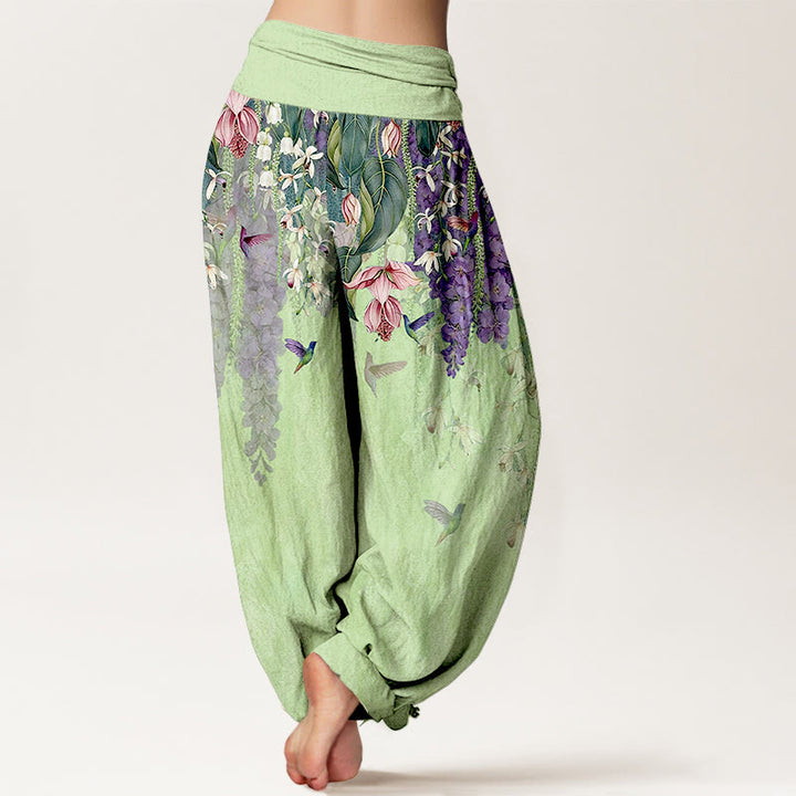 Buddha Stones Pantalones harén de algodón puro con estampado de orquídeas y cintura elástica para mujer - image 9