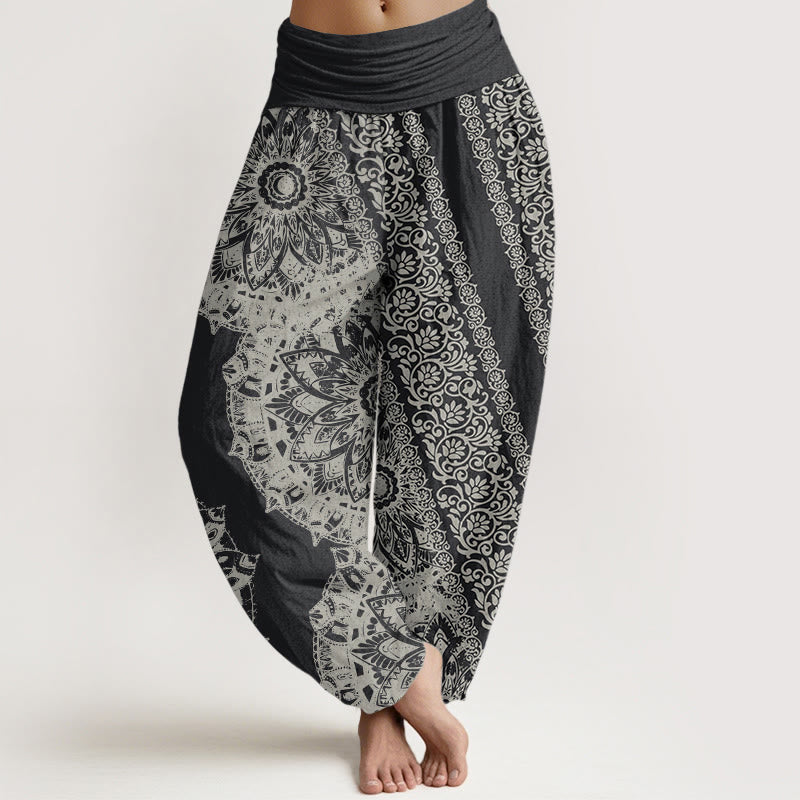 Pantalones Buddha Stones de algodón puro con estampado de mandalas y flores paralelas para mujer, cintura elástica - Gris oscuro - US22，UK/AU26，EU54 (6XL) - image 0
