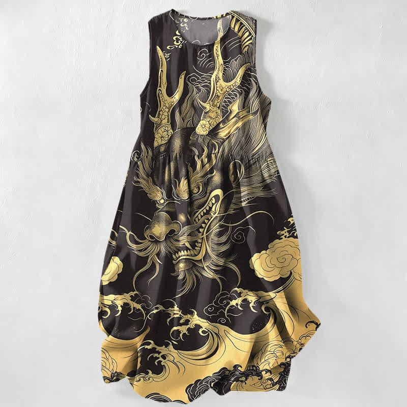 Buddha Stones Vestido midi de verano informal para mujer con estampado oriental de dragones y nubes, sin mangas y con bolsillos. - Negro - US16，UK/AU20，EU48 (3XL) - image 0