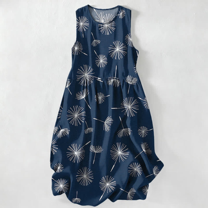 Buddha Stones Vestido midi de verano informal para mujer con estampado de diente de león y mangas, sin mangas y con bolsillos. - Marina de guerra - US16，UK/AU20，EU48 (3XL) - image 0