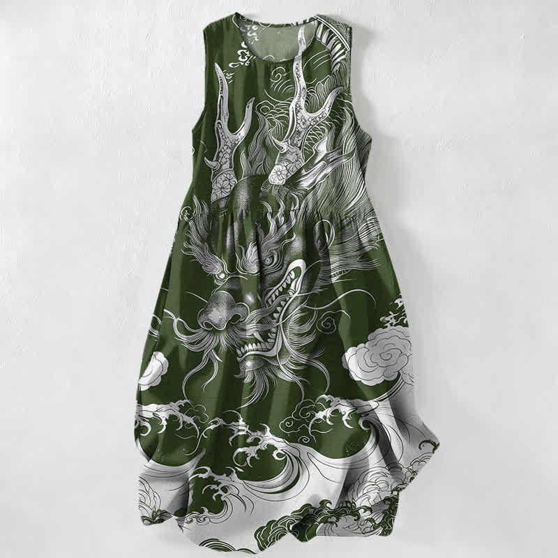 Buddha Stones Vestido midi de verano informal para mujer con estampado oriental de dragones y nubes, sin mangas y con bolsillos. - Verde oliva oscuro - US16，UK/AU20，EU48 (3XL) - image 4