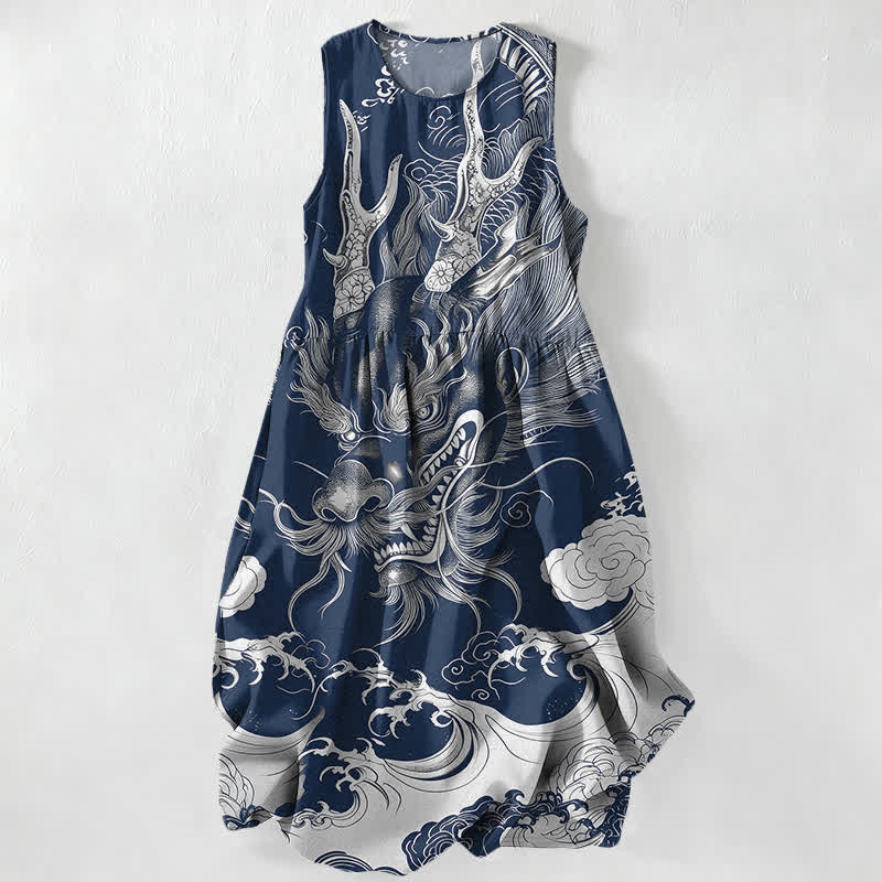 Buddha Stones Vestido midi de verano informal para mujer con estampado oriental de dragones y nubes, sin mangas y con bolsillos. - Marina de guerra - US16，UK/AU20，EU48 (3XL) - image 5