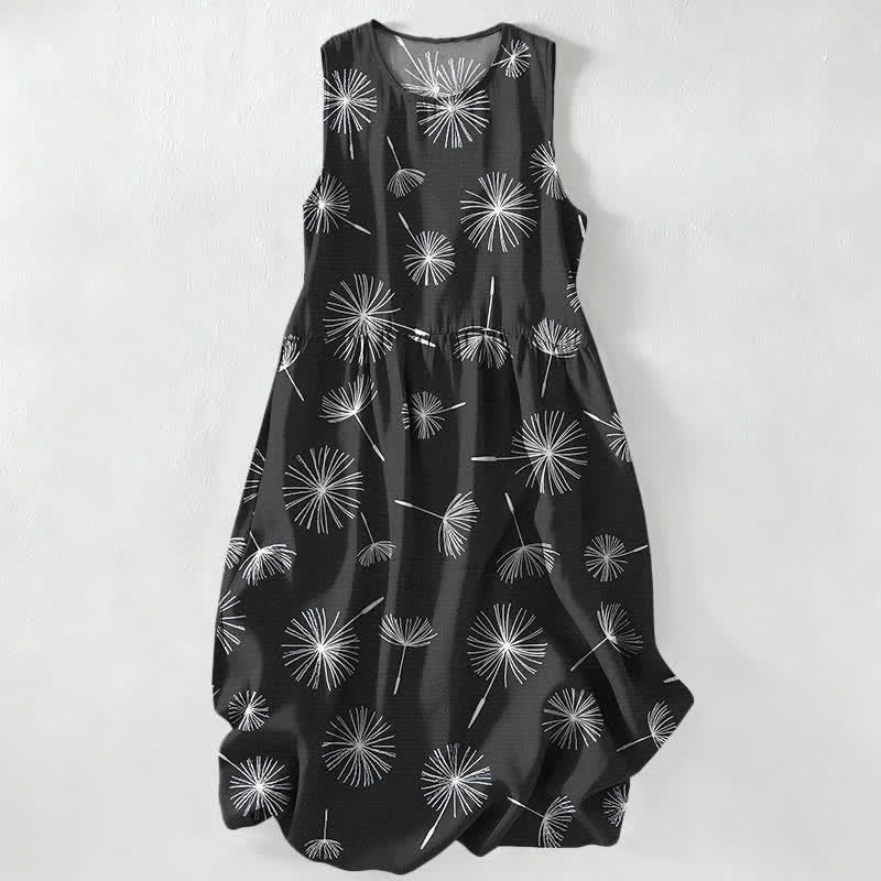 Buddha Stones Vestido midi de verano informal para mujer con estampado de diente de león y mangas, sin mangas y con bolsillos. - Negro - US16，UK/AU20，EU48 (3XL) - image 4