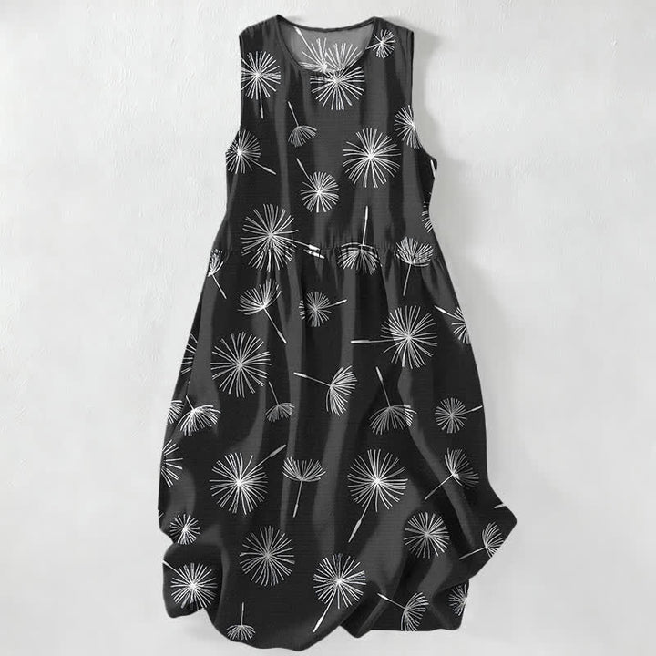 Buddha Stones Vestido midi de verano informal para mujer con estampado de diente de león y mangas, sin mangas y con bolsillos. - Negro - US16，UK/AU20，EU48 (3XL) - image 4