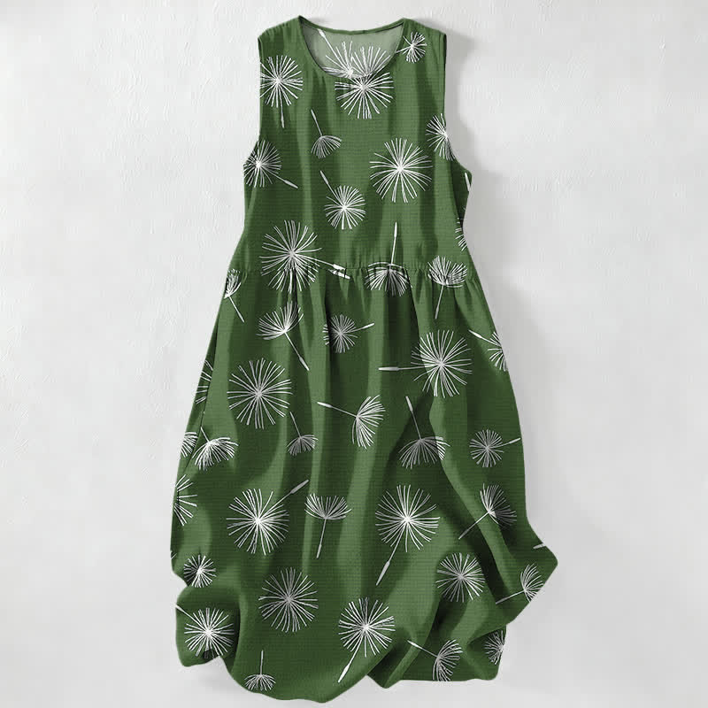 Buddha Stones Vestido midi de verano informal para mujer con estampado de diente de león y mangas, sin mangas y con bolsillos. - Verde oliva - US16，UK/AU20，EU48 (3XL) - image 5