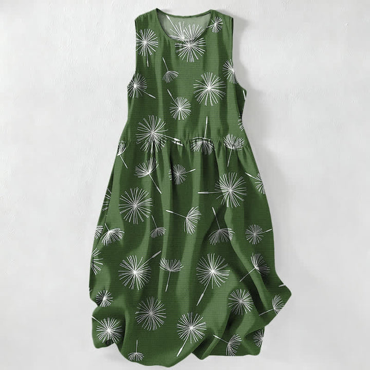 Buddha Stones Vestido midi de verano informal para mujer con estampado de diente de león y mangas, sin mangas y con bolsillos. - Verde oliva - US16，UK/AU20，EU48 (3XL) - image 5