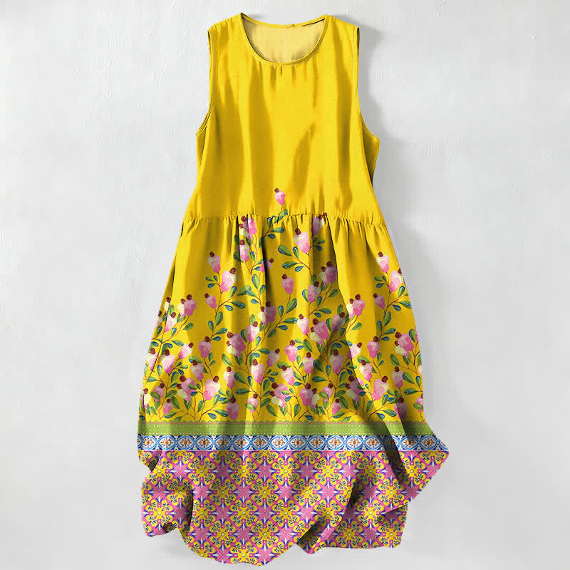 Buddha Stones Vestido midi de verano informal para mujer con estampado floral en el borde y bolsillos. - Amarillo - US16，UK/AU20，EU48 (3XL) - image 0