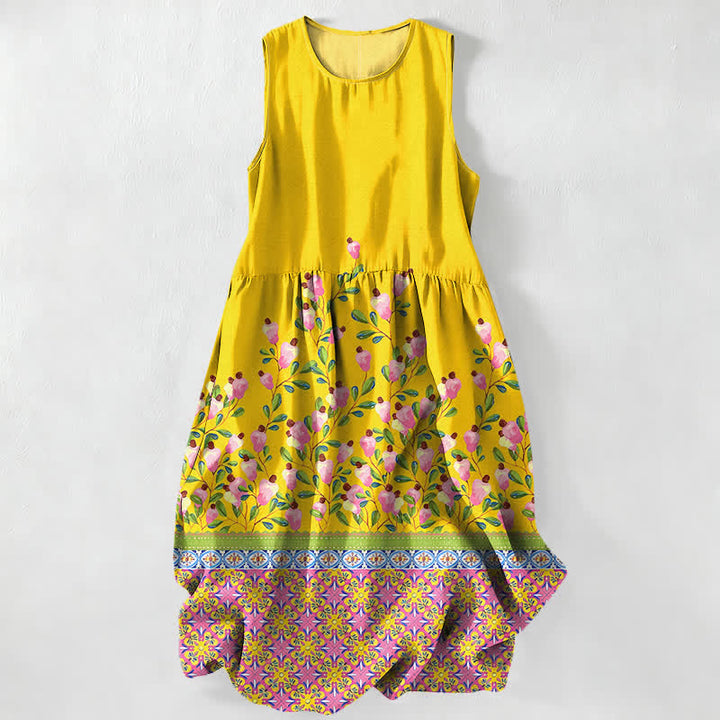 Buddha Stones Vestido midi de verano informal para mujer con estampado floral en el borde y bolsillos. - Amarillo - US16，UK/AU20，EU48 (3XL) - image 0