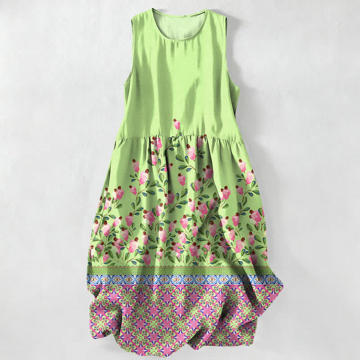 Buddha Stones Vestido midi de verano informal para mujer con estampado floral en el borde y bolsillos. - Verde claro - US16，UK/AU20，EU48 (3XL) - image 4