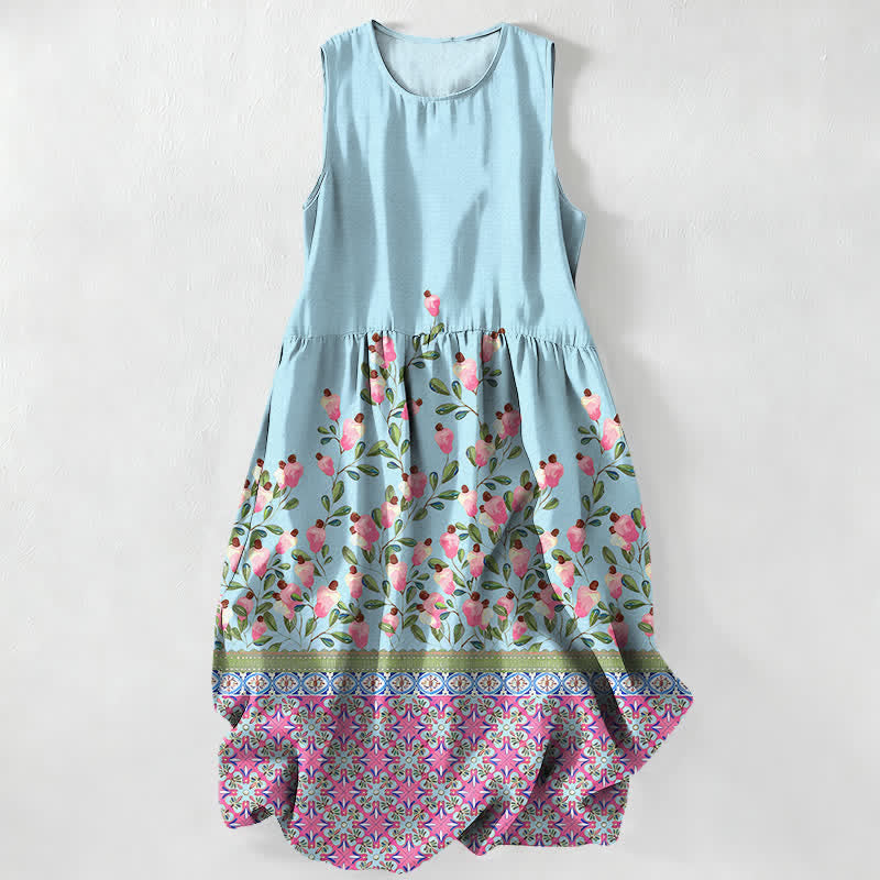 Buddha Stones Vestido midi de verano informal para mujer con estampado floral en el borde y bolsillos. - Azul claro - US16，UK/AU20，EU48 (3XL) - image 5
