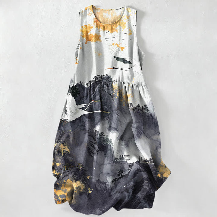 Buddha Stones Vestido midi de verano informal para mujer con estampado de paisaje de grullas y bolsillos. - Negro - US16，UK/AU20，EU48 (3XL) - image 8