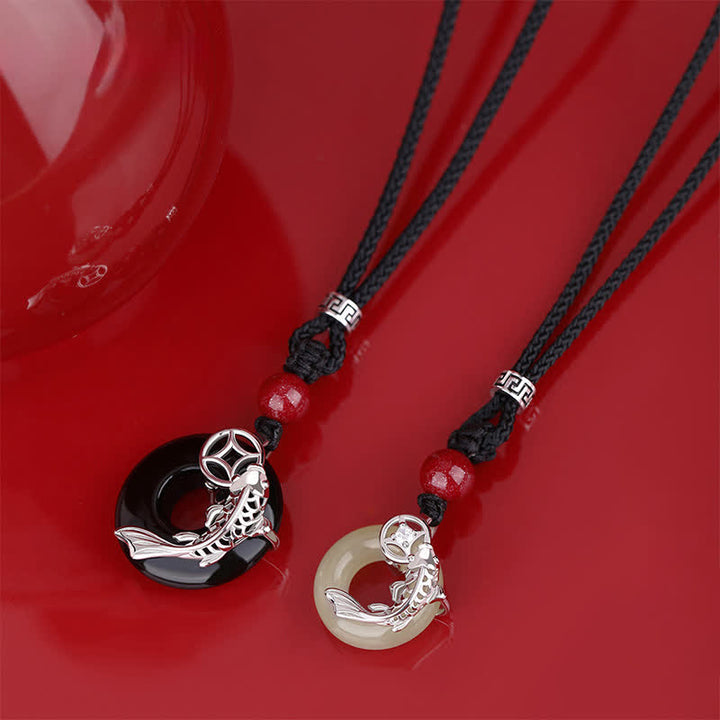 Buddha Stones Collar circular trenzado de estilo chino con diseño de pez koi de jade y éxito. - image 0