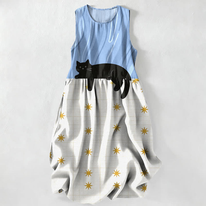 Buddha Stones Vestido midi de verano informal para mujer con estampado de estrellas y gato negro, sin mangas y con bolsillos. - Azul cielo claro - US16，UK/AU20，EU48 (3XL) - image 4