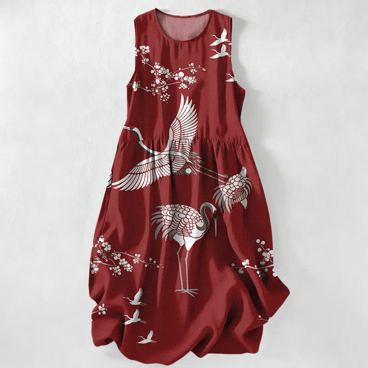 Buddha Stones Vestido midi de verano informal para mujer con estampado de grullas y flores, sin mangas y con bolsillos. - Granate - US16，UK/AU20，EU48 (3XL) - image 0