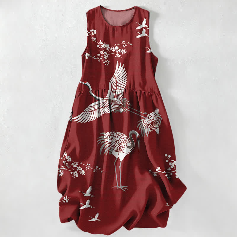Buddha Stones Vestido midi de verano informal para mujer con estampado de grullas y flores, sin mangas y con bolsillos. - Granate - US16，UK/AU20，EU48 (3XL) - image 0