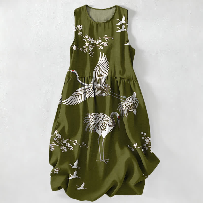 Buddha Stones Vestido midi de verano informal para mujer con estampado de grullas y flores, sin mangas y con bolsillos. - Verde oliva - US16，UK/AU20，EU48 (3XL) - image 4