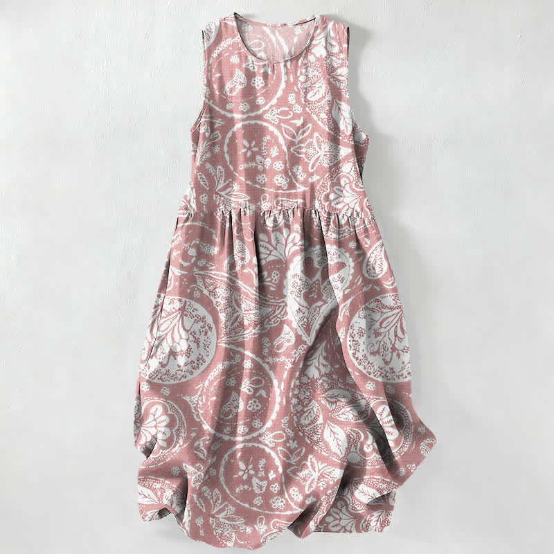 Buddha Stones Vestido midi de verano informal para mujer, color blanco, con estampado floral de medallones y bolsillos. - rosa claro - US16，UK/AU20，EU48 (3XL) - image 8