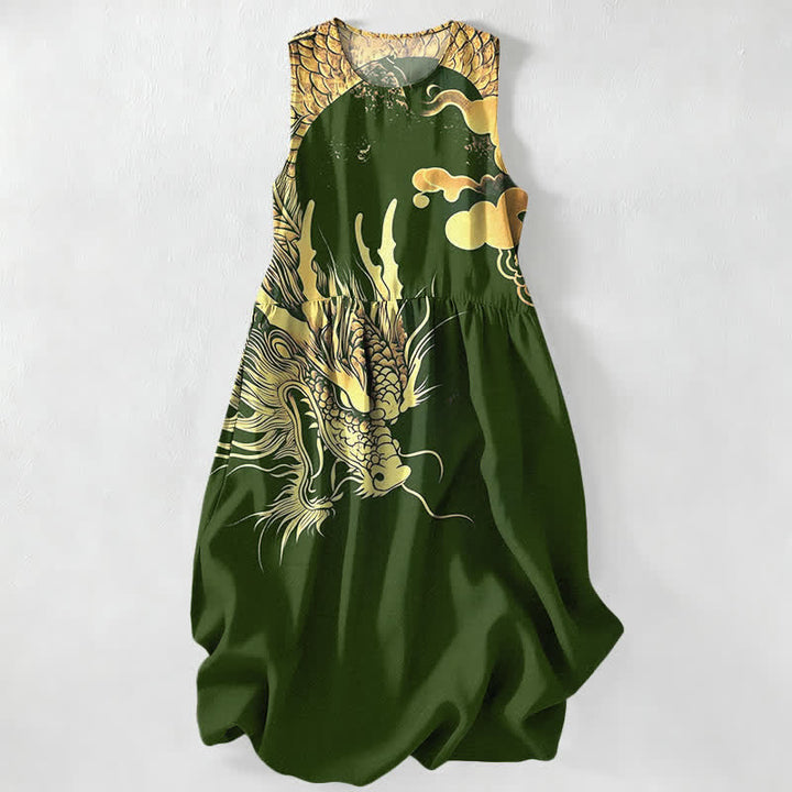 Buddha Stones Vestido midi de verano informal para mujer con estampado de nube y dragón dorado, sin mangas y con bolsillos. - Verde oliva oscuro - US16，UK/AU20，EU48 (3XL) - image 8
