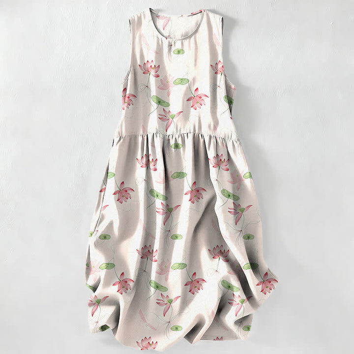 Buddha Stones Vestido midi de verano informal para mujer con estampado de hojas de loto y sin mangas, con bolsillos. - Marfil - US16，UK/AU20，EU48 (3XL) - image 0