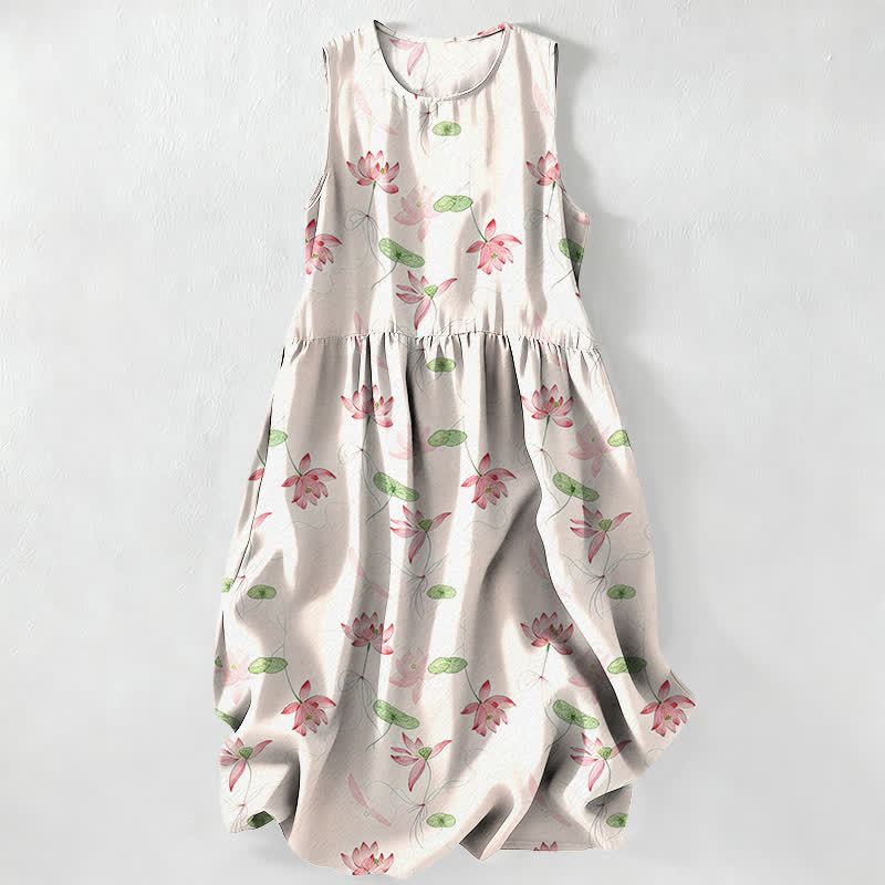 Buddha Stones Vestido midi de verano informal para mujer con estampado de hojas de loto y sin mangas, con bolsillos. - Marfil - US16，UK/AU20，EU48 (3XL) - image 0