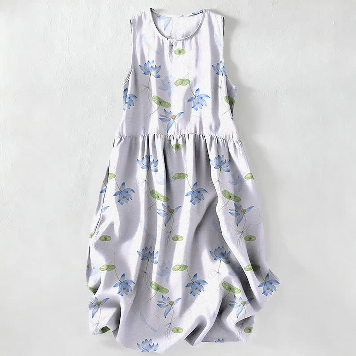 Buddha Stones Vestido midi de verano informal para mujer con estampado de hojas de loto y sin mangas, con bolsillos. - Lavanda - US16，UK/AU20，EU48 (3XL) - image 4