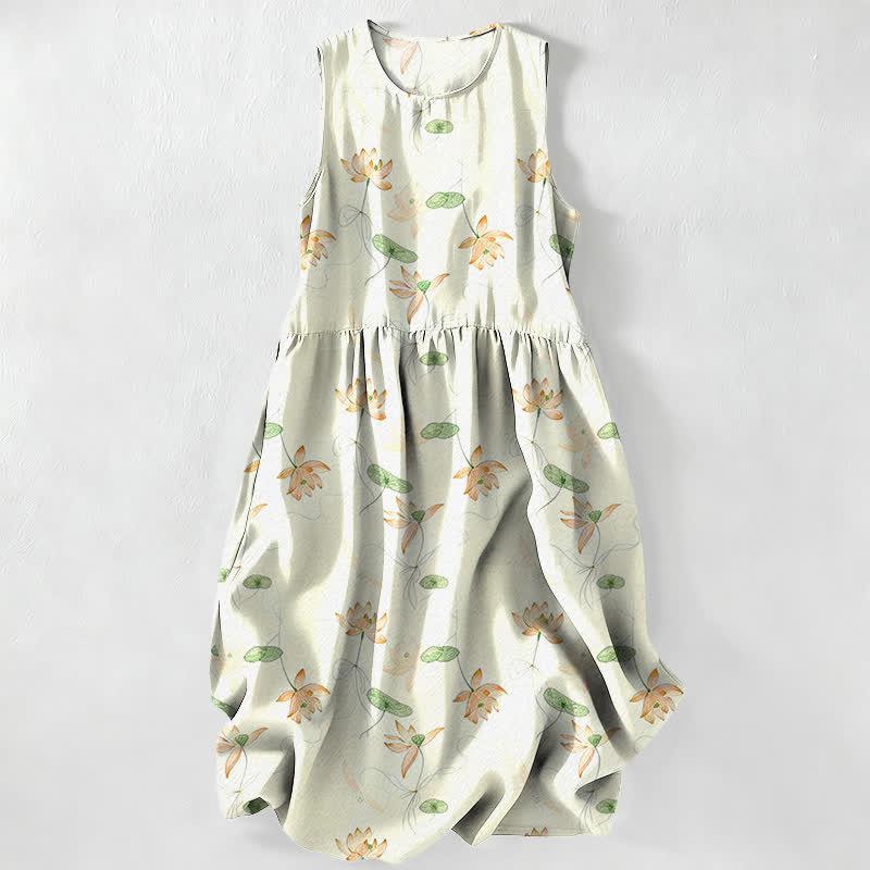 Buddha Stones Vestido midi de verano informal para mujer con estampado de hojas de loto y sin mangas, con bolsillos. - Gotas de miel - US16，UK/AU20，EU48 (3XL) - image 8