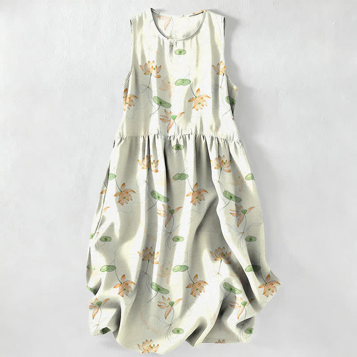 Buddha Stones Vestido midi de verano informal para mujer con estampado de hojas de loto y sin mangas, con bolsillos. - Gotas de miel - US16，UK/AU20，EU48 (3XL) - image 8