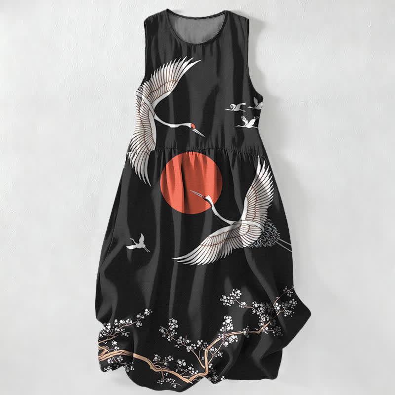 Buddha Stones Vestido midi de verano informal para mujer con estampado de grulla y sol rojo, sin mangas y con bolsillos. - Negro - US16，UK/AU20，EU48 (3XL) - image 0