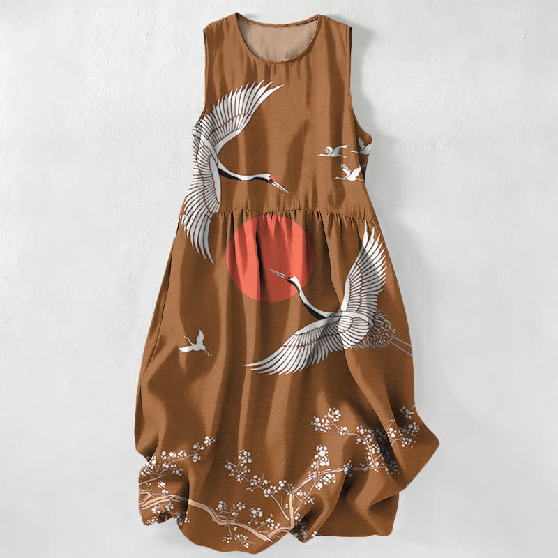 Buddha Stones Vestido midi de verano informal para mujer con estampado de grulla y sol rojo, sin mangas y con bolsillos. - Tierra de siena - US16，UK/AU20，EU48 (3XL) - image 4