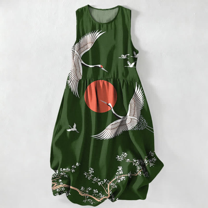 Buddha Stones Vestido midi de verano informal para mujer con estampado de grulla y sol rojo, sin mangas y con bolsillos. - Verde bosque - US16，UK/AU20，EU48 (3XL) - image 8