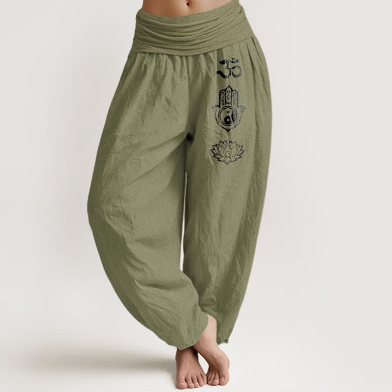 Buddha Stones Pantalones harem de algodón puro con estampado Om Hamsa Yin Yang Lotus para mujer, con cintura elástica. - Verde oliva - US16，UK/AU20，EU48 (3XL) - image 14