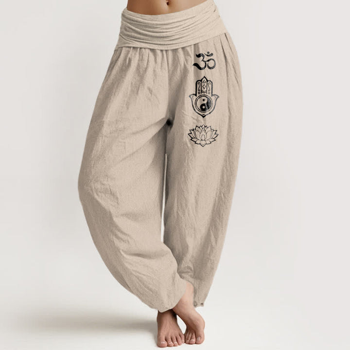 Buddha Stones Pantalones harem de algodón puro con estampado Om Hamsa Yin Yang Lotus para mujer, con cintura elástica. - Broncearse - US16，UK/AU20，EU48 (3XL) - image 0