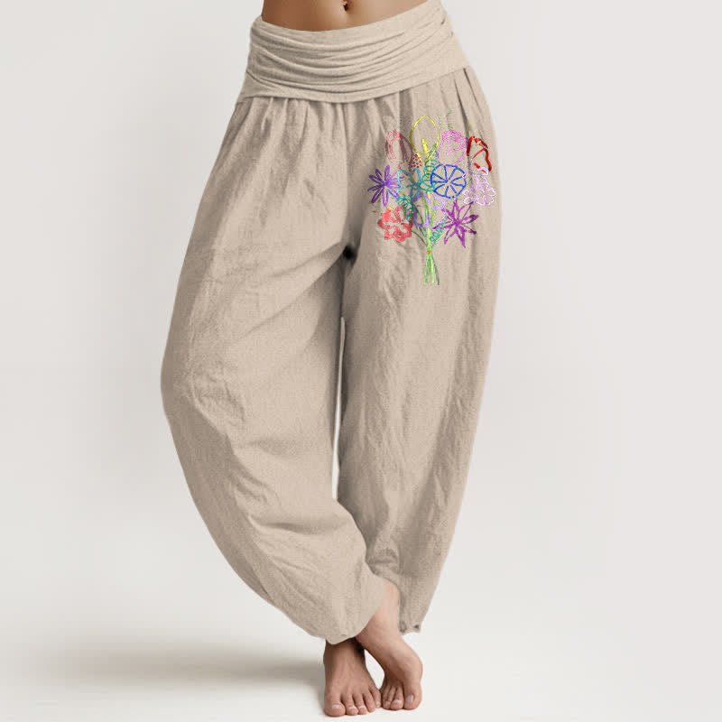 Buddha Stones Pantalones harem de mujer con cintura elástica y estampado floral de algodón puro. - Broncearse - US16，UK/AU20，EU48 (3XL) - image 14