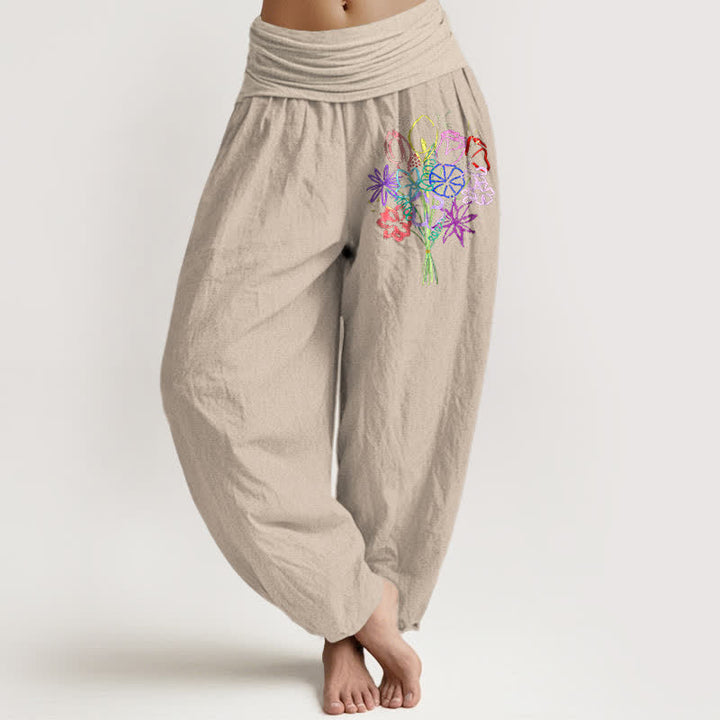 Buddha Stones Pantalones harem de mujer con cintura elástica y estampado floral de algodón puro. - Broncearse - US16，UK/AU20，EU48 (3XL) - image 14