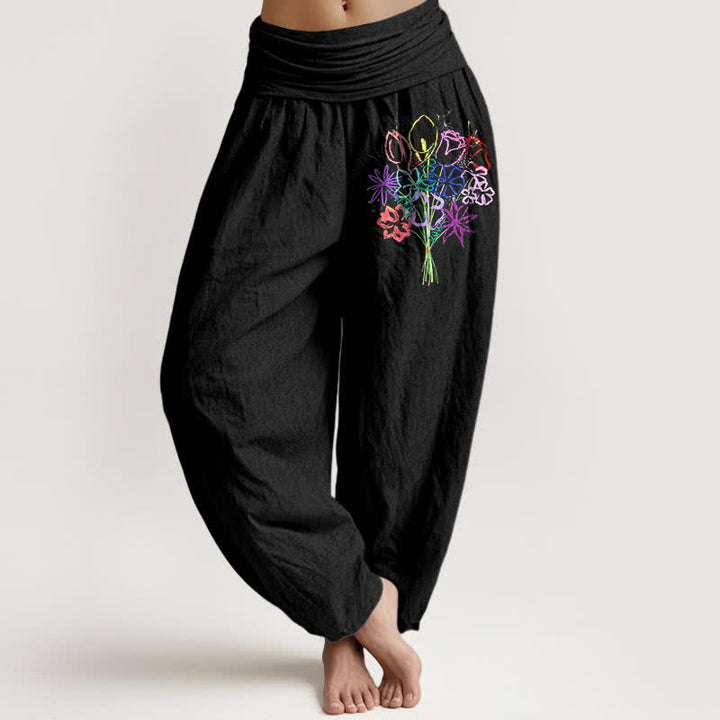 Buddha Stones Pantalones harem de mujer con cintura elástica y estampado floral de algodón puro. - Negro - US16，UK/AU20，EU48 (3XL) - image 0